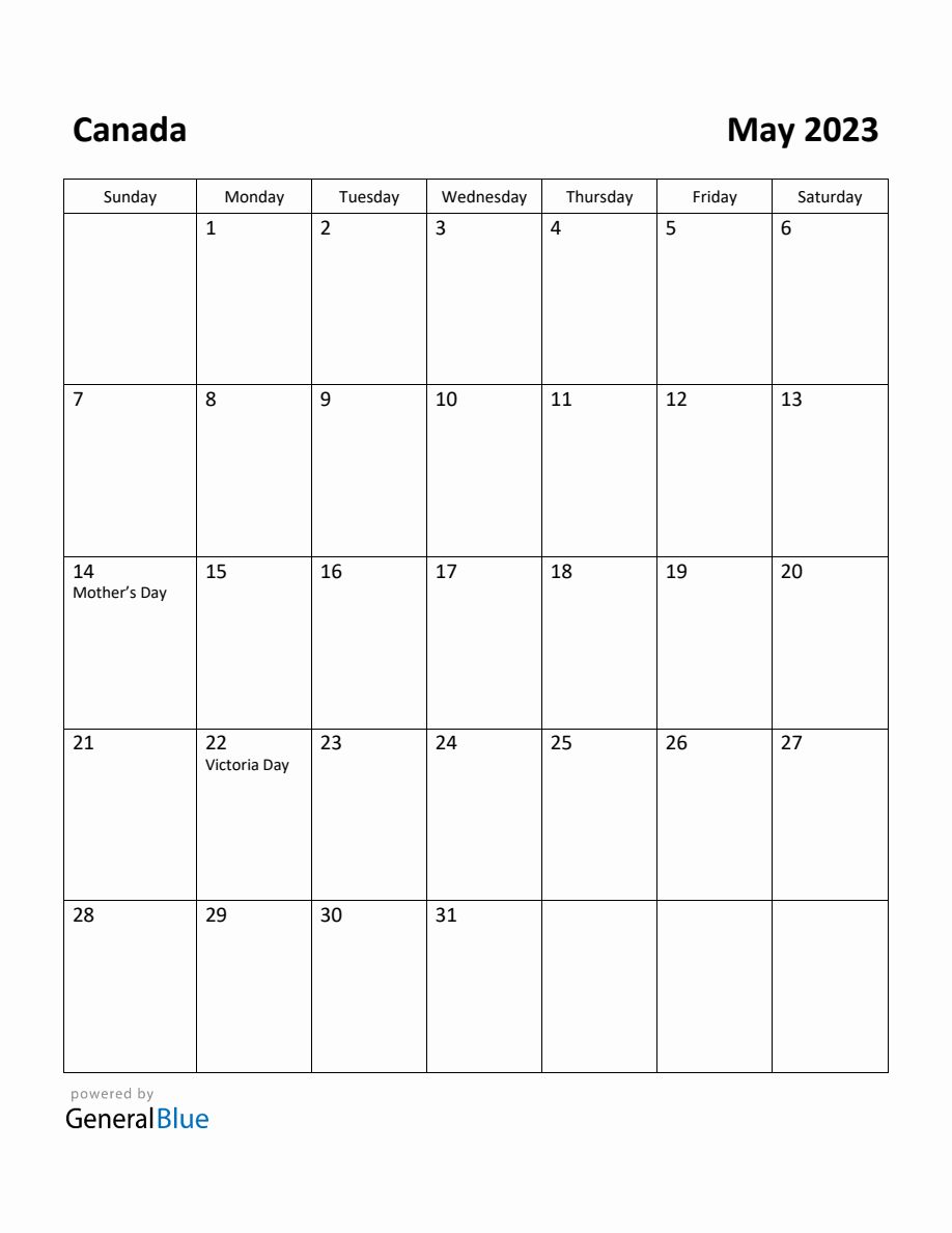 Free Printable May 2023 Calendar With Canadian Holidays
