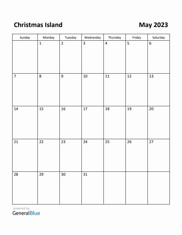 May 2023 Calendar with Christmas Island Holidays
