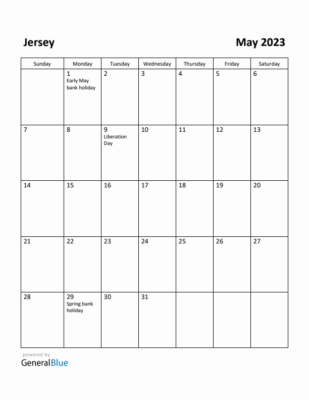 May 2023 Calendar with Jersey Holidays