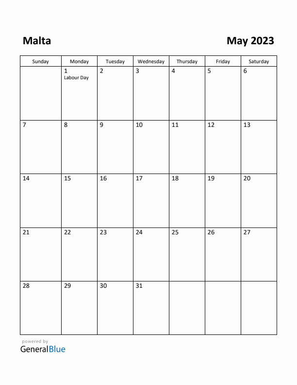 May 2023 Calendar with Malta Holidays