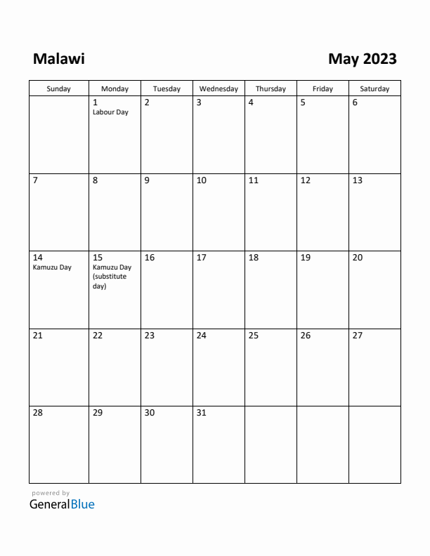 May 2023 Calendar with Malawi Holidays