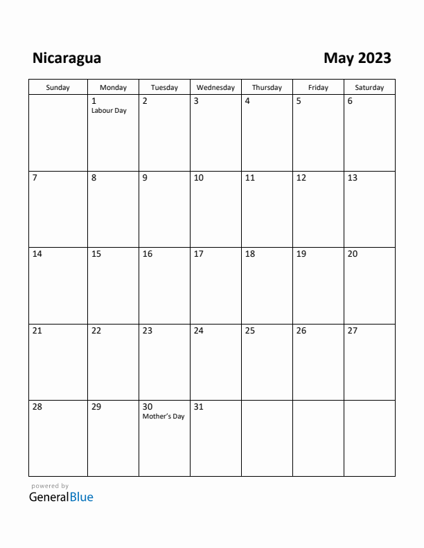 May 2023 Calendar with Nicaragua Holidays
