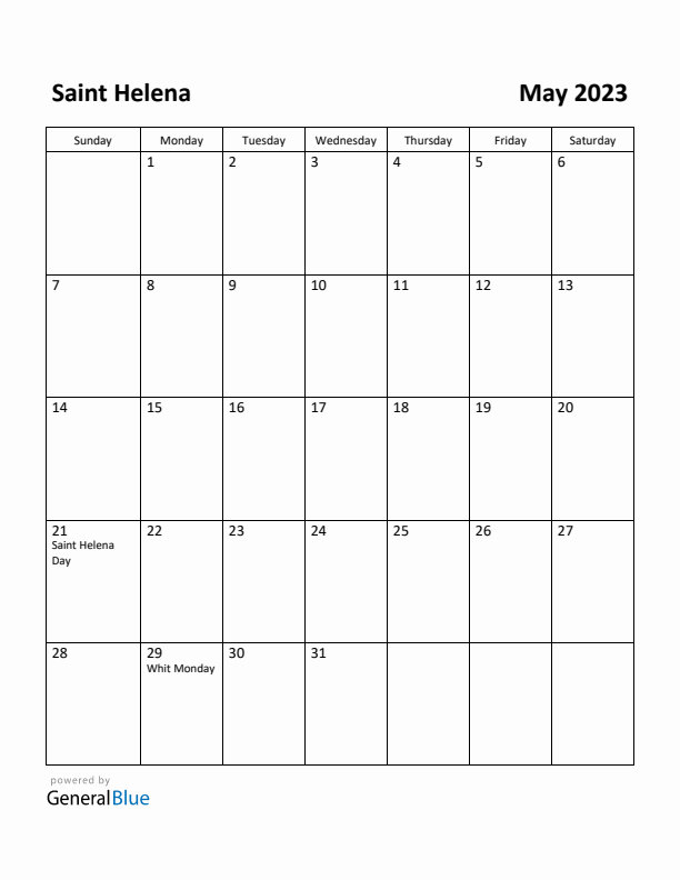 May 2023 Calendar with Saint Helena Holidays