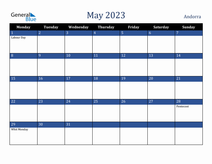 May 2023 Andorra Calendar (Monday Start)