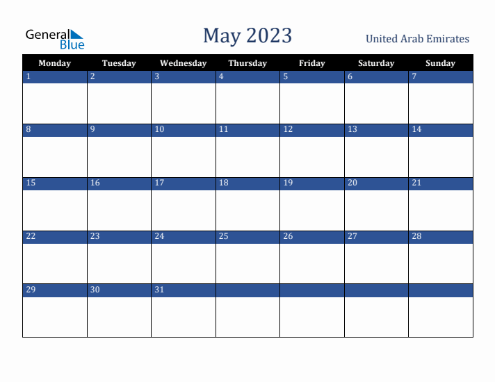 May 2023 United Arab Emirates Calendar (Monday Start)