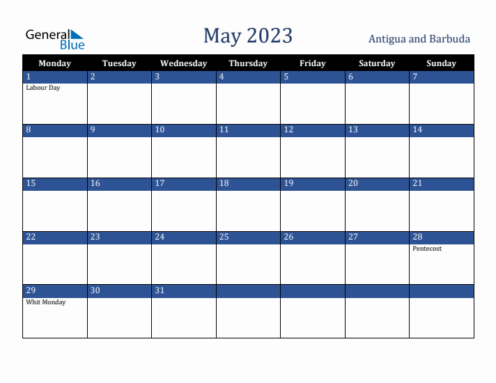 May 2023 Antigua and Barbuda Calendar (Monday Start)