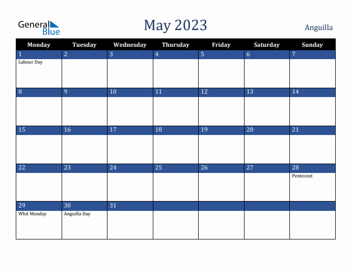 May 2023 Anguilla Calendar (Monday Start)