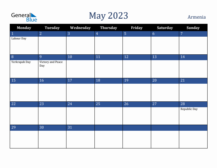 May 2023 Armenia Calendar (Monday Start)