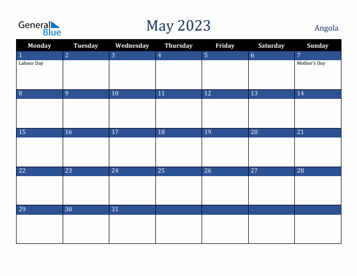 May 2023 Angola Calendar (Monday Start)
