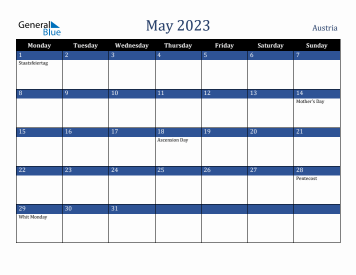 May 2023 Austria Calendar (Monday Start)