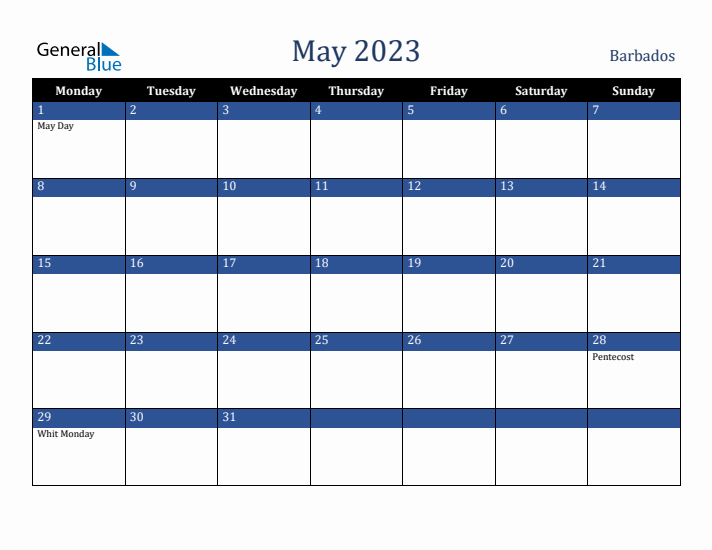 May 2023 Barbados Calendar (Monday Start)