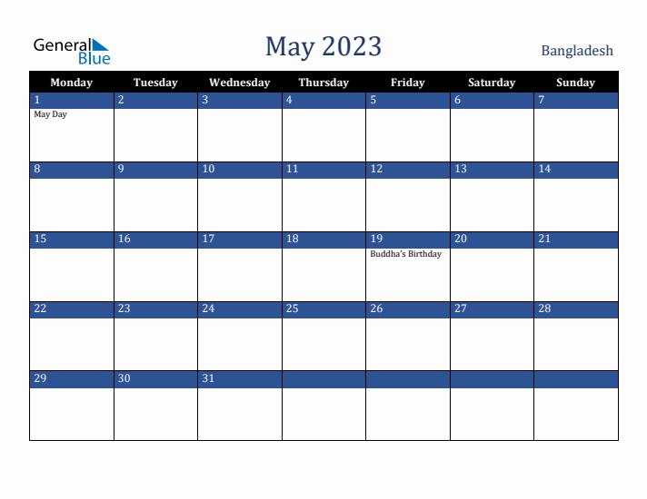May 2023 Bangladesh Calendar (Monday Start)