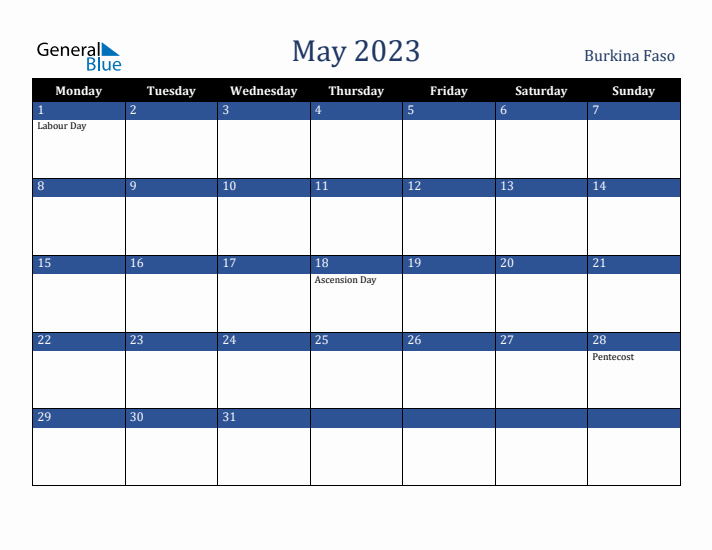 May 2023 Burkina Faso Calendar (Monday Start)