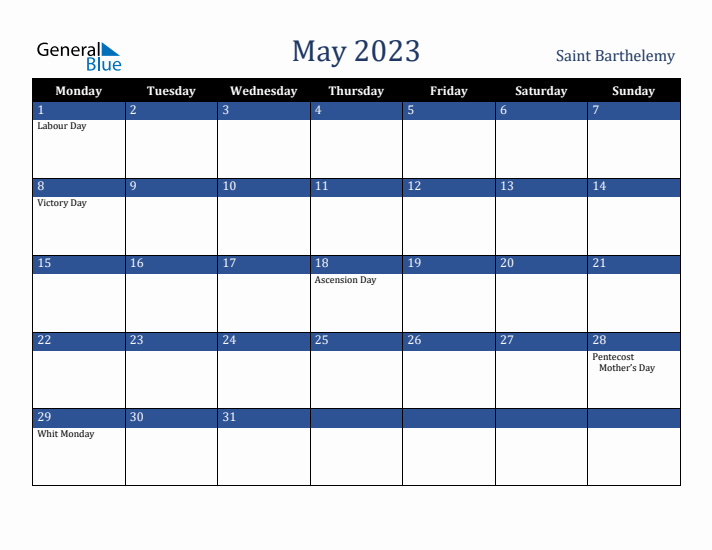 May 2023 Saint Barthelemy Calendar (Monday Start)