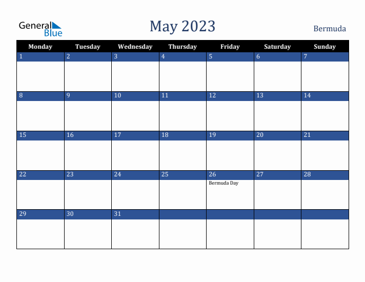 May 2023 Bermuda Calendar (Monday Start)