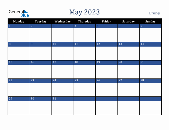 May 2023 Brunei Calendar (Monday Start)