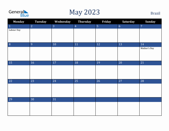 May 2023 Brazil Calendar (Monday Start)