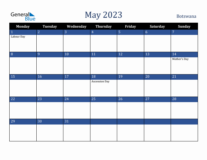May 2023 Botswana Calendar (Monday Start)