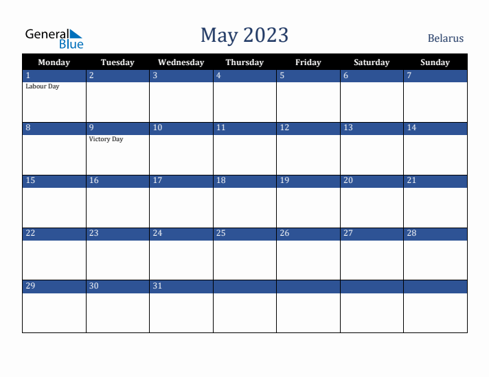 May 2023 Belarus Calendar (Monday Start)