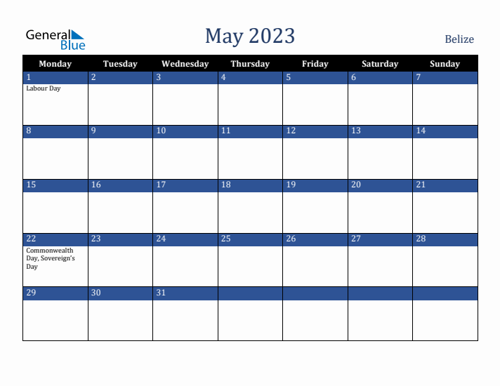 May 2023 Belize Calendar (Monday Start)