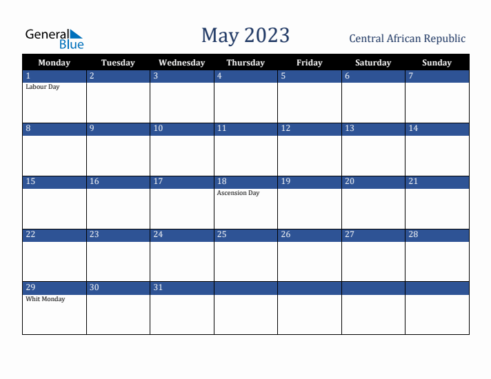 May 2023 Central African Republic Calendar (Monday Start)