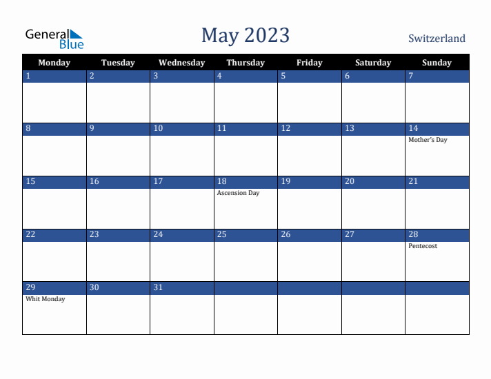 May 2023 Switzerland Calendar (Monday Start)