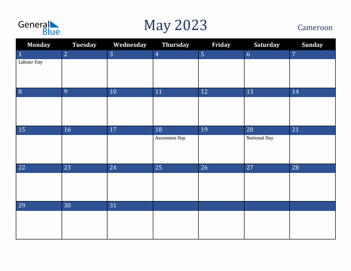 May 2023 Cameroon Calendar (Monday Start)