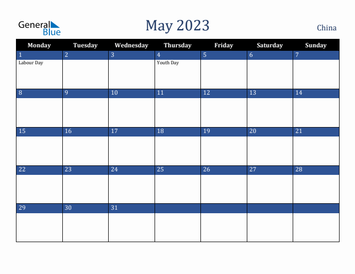 May 2023 China Calendar (Monday Start)