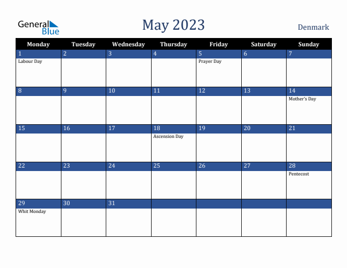 May 2023 Denmark Calendar (Monday Start)