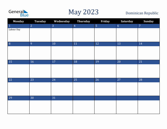 May 2023 Dominican Republic Calendar (Monday Start)
