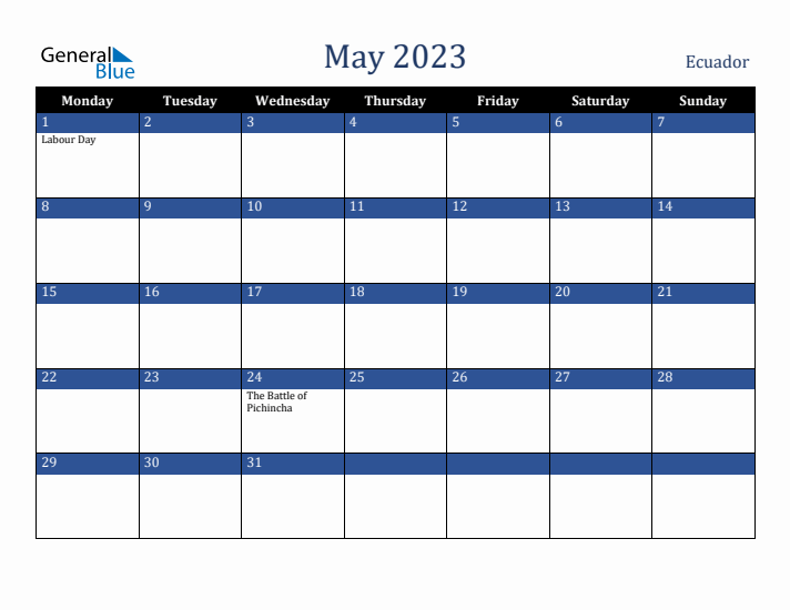 May 2023 Ecuador Calendar (Monday Start)