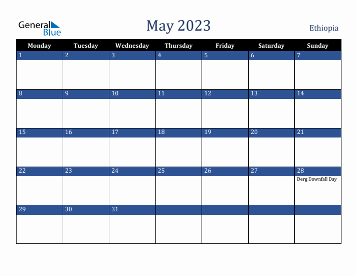 May 2023 Ethiopia Calendar (Monday Start)