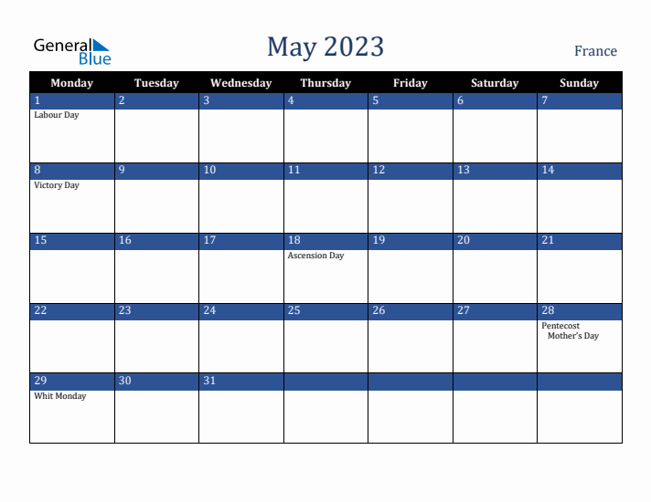 May 2023 France Calendar (Monday Start)