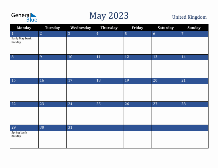 May 2023 United Kingdom Calendar (Monday Start)