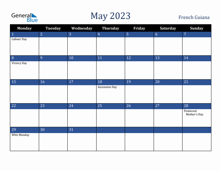 May 2023 French Guiana Calendar (Monday Start)
