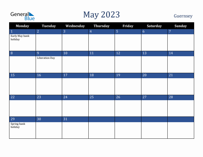 May 2023 Guernsey Calendar (Monday Start)