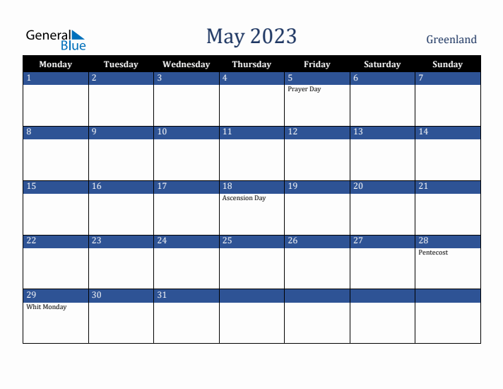 May 2023 Greenland Calendar (Monday Start)