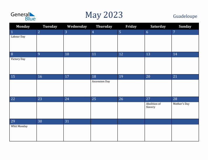May 2023 Guadeloupe Calendar (Monday Start)