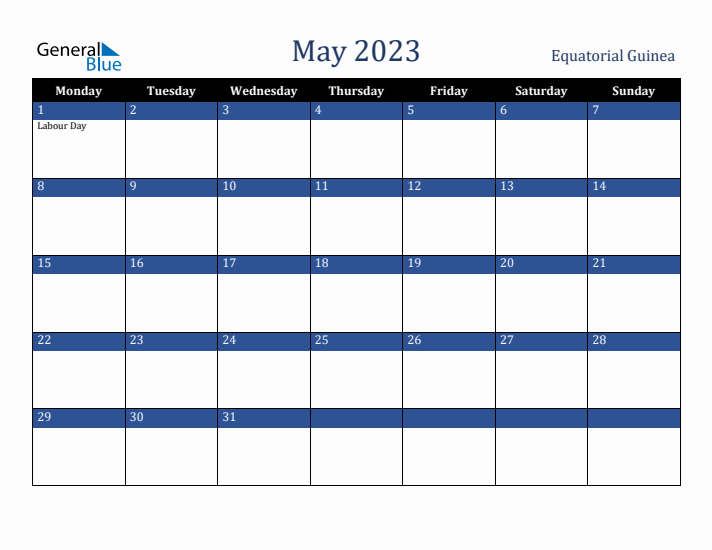 May 2023 Equatorial Guinea Calendar (Monday Start)