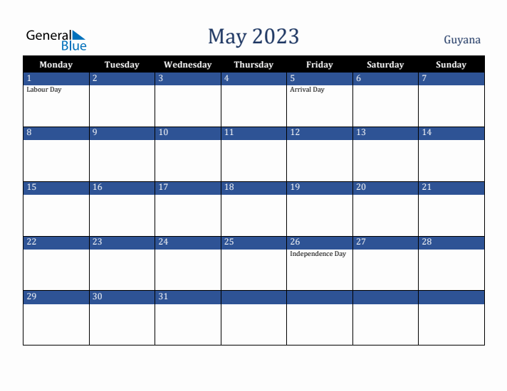 May 2023 Guyana Calendar (Monday Start)