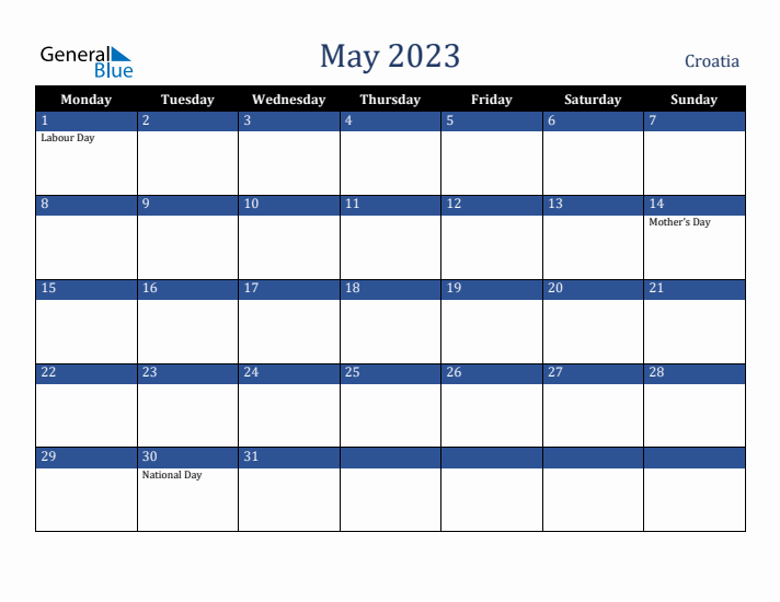 May 2023 Croatia Calendar (Monday Start)