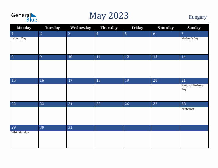 May 2023 Hungary Calendar (Monday Start)