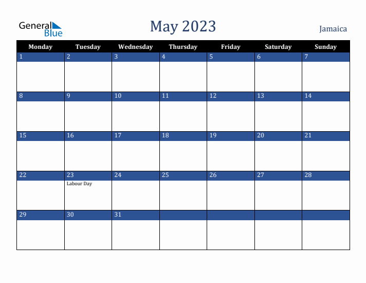 May 2023 Jamaica Calendar (Monday Start)