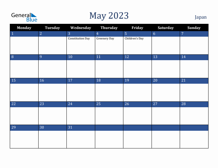 May 2023 Japan Calendar (Monday Start)