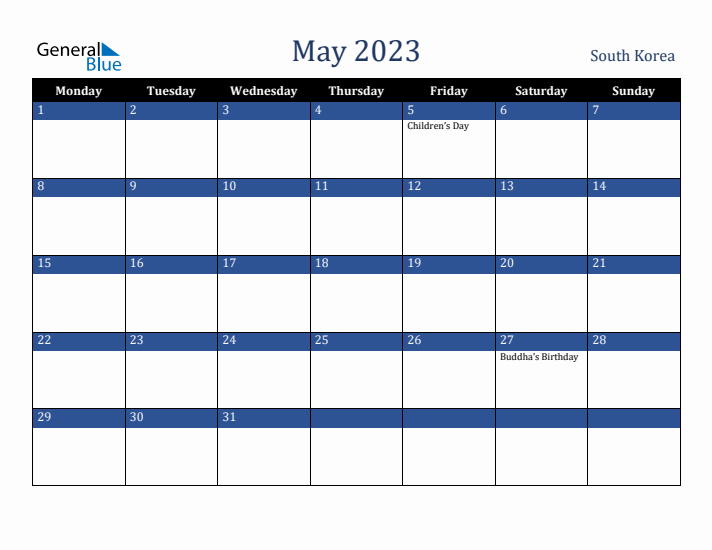 May 2023 South Korea Calendar (Monday Start)