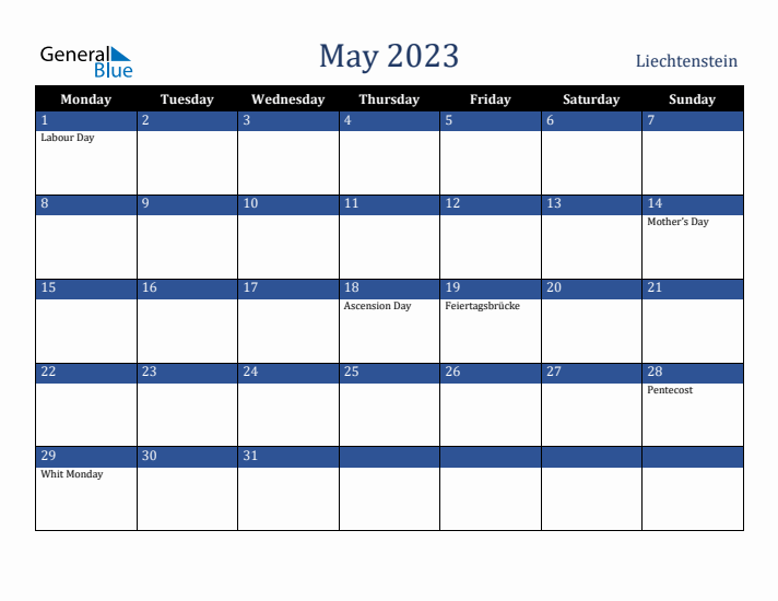 May 2023 Liechtenstein Calendar (Monday Start)