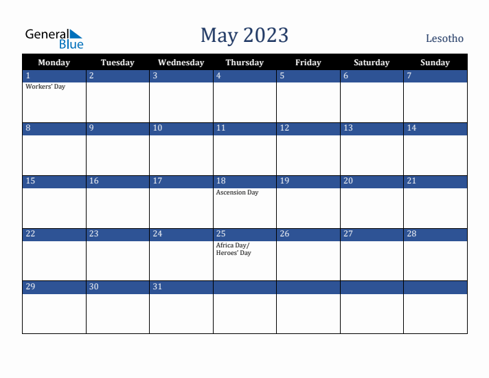 May 2023 Lesotho Calendar (Monday Start)
