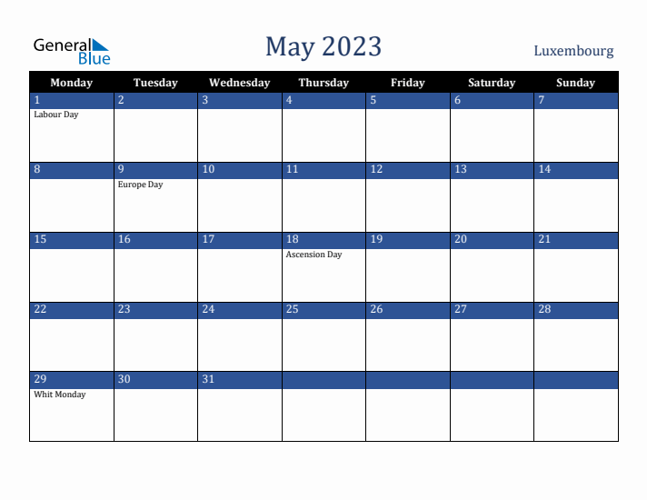 May 2023 Luxembourg Calendar (Monday Start)