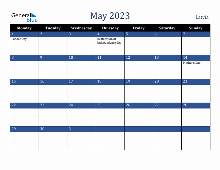May 2023 Latvia Calendar (Monday Start)