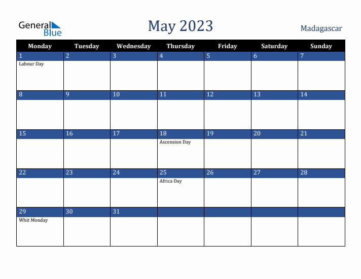 May 2023 Madagascar Calendar (Monday Start)